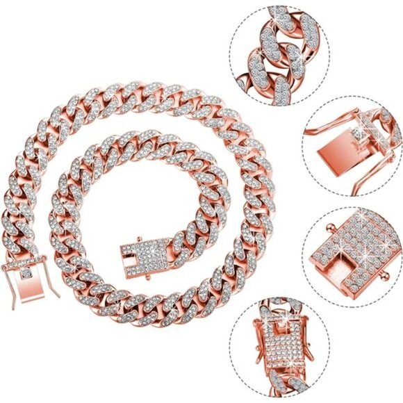 Rose Gold 2 Pieces Cuban Link Chain for Women Cuban Necklace Bracelet Heavy - Picture 3 of 6